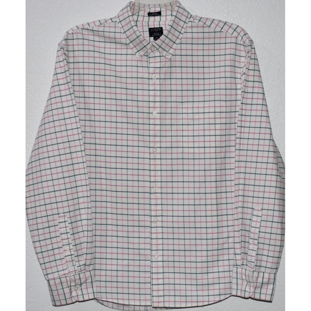J Crew Flex Oxford Shirt Mens XL Slim Untucked White Plaid Long Sleeve Button Up